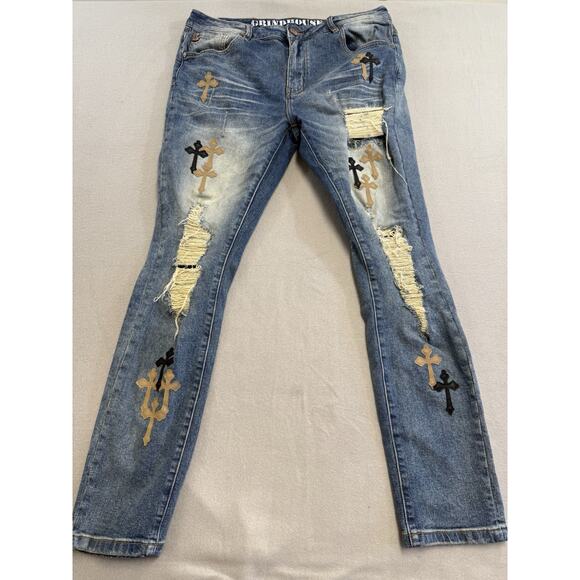 Grindhouse Jeans Mens 36 Blue Denim Pockets Distressed Cross Patches Skinny Jean - Picture 1 of 14